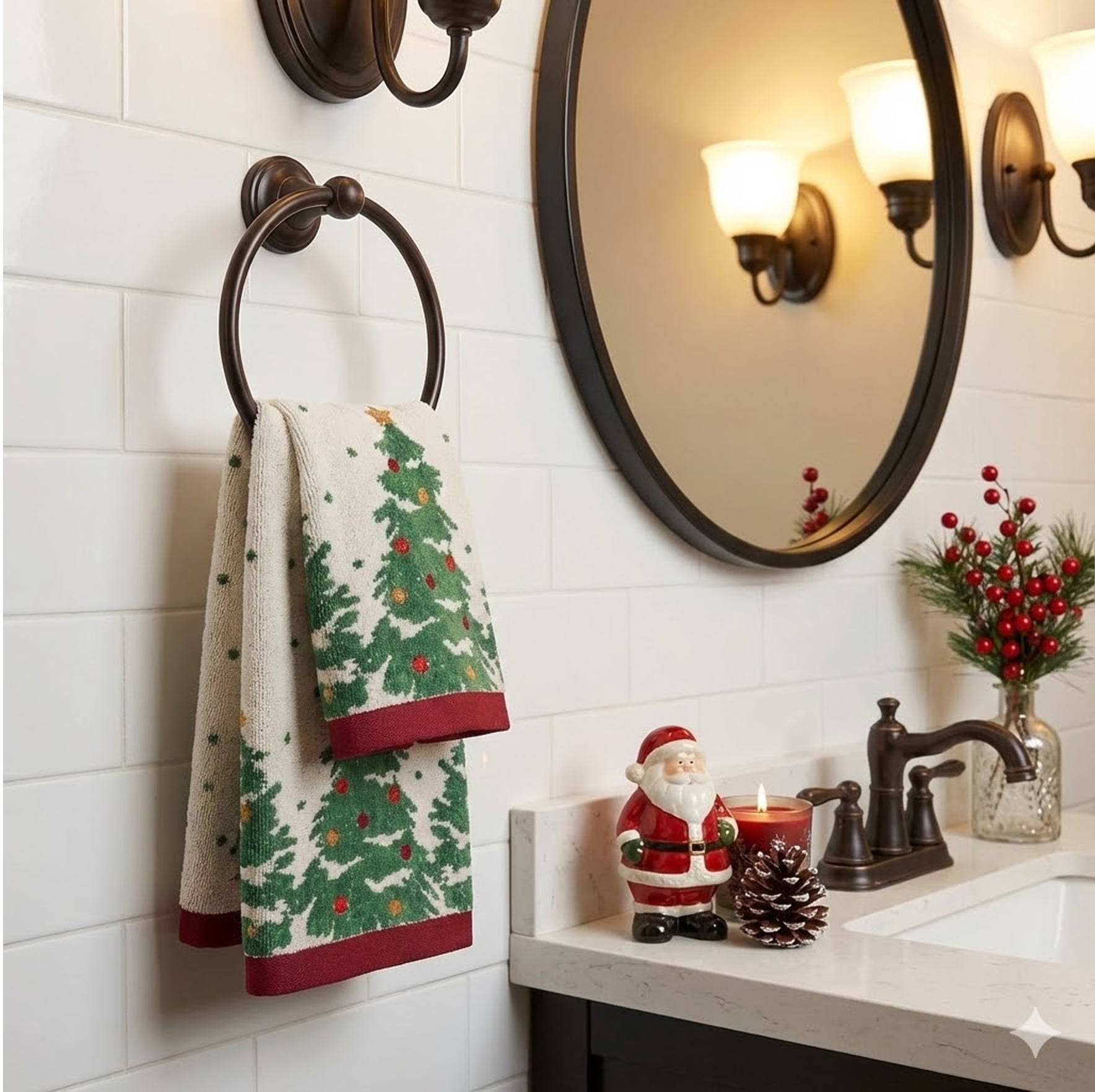 St Nicholas Christmas Tree Bath Hand Towels Embroidered Ornaments 2 Pieces Cotton