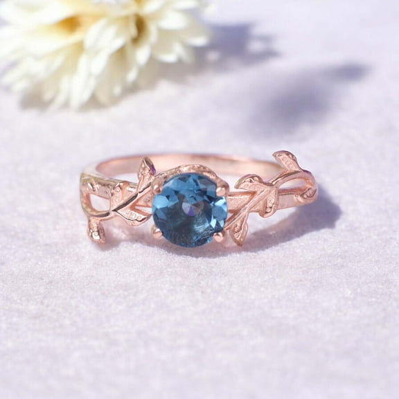 Blue Topaz Ring Nature Inspired Twig Leaf Jewelry for Women Solitaire Engagement Ring Solid Gold Handmade Ring Gifts