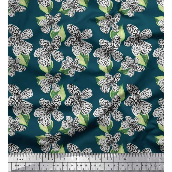 Soimoi Cotton Duck Fabric Leopard Skin,Leaves & White Flower Floral Fabric Prints by Yard 42 Inch Wide