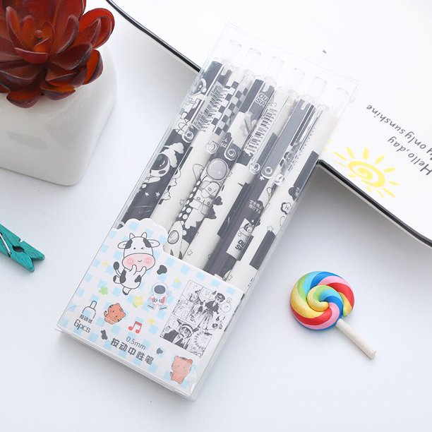 Bolígrafo de Gel Kawaii para estudiantes, bolígrafo de prensa de dibujos animados, bonito bolígrafo de 0,5mm, recarga negra, papelería escolar y de oficina, 6 uds./Set