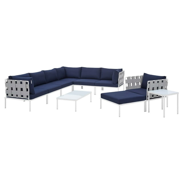 Lounge Sectional Sofa Chair Table Set, Sunbrella, Aluminum, Metal, Steel, Grey Gray Blue Navy, Modern Contemporary Urban Design, Outdoor Patio Balcony Cafe Bistro Garden Furniture Hotel Hospitality
