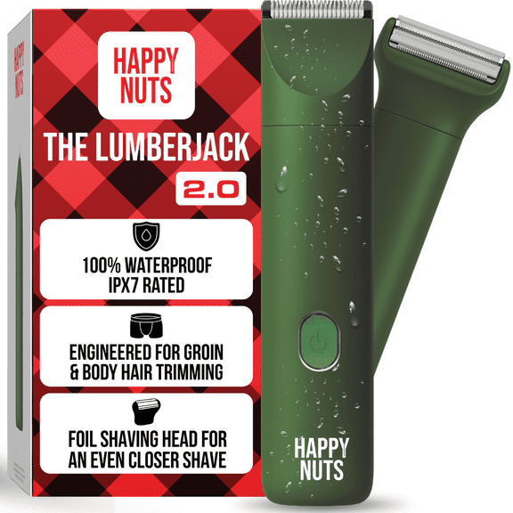 (Open Box) Happy Nuts Lumberjack 2.0 Men's Electric Body & Groin Hair Trimmer, Waterproof, Rechargeable Manscaping Kit with Foil Shave, Green