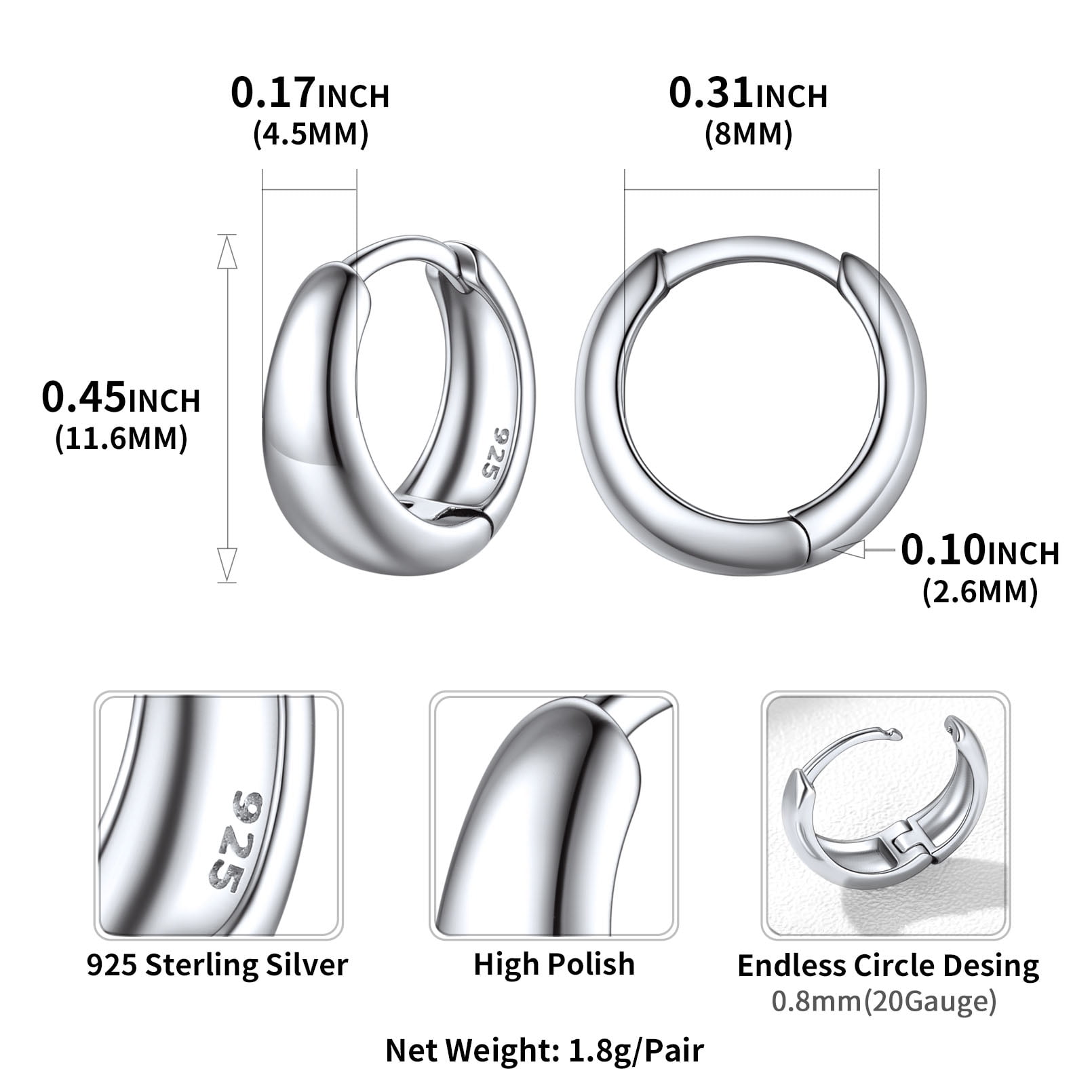 ChicSilver 8MM Small Hoop Earrings Thick Round Cartilage Huggie Earrings Hypoallergenic 925 Sterling Silver Jewelry for Women Grils Christmas Gift