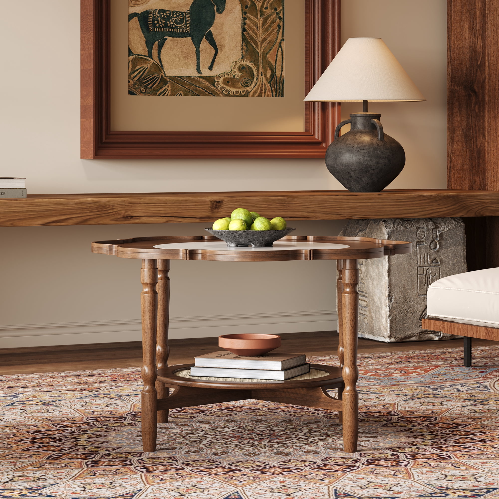Euroco Mid-Century 31.5" Petal-Shaped Coffee Table with Crackle Glass Top and Rattan Shelf
