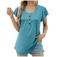 thumbnail image 2 of Pincandy Plus Size Wome Fold Sleeve Printed Round-Neck Tunic Tops Loose Fit Short Sleeve Shirts Crew Neck Summer Casual Tops,Sky Blue,L, 2 of 8