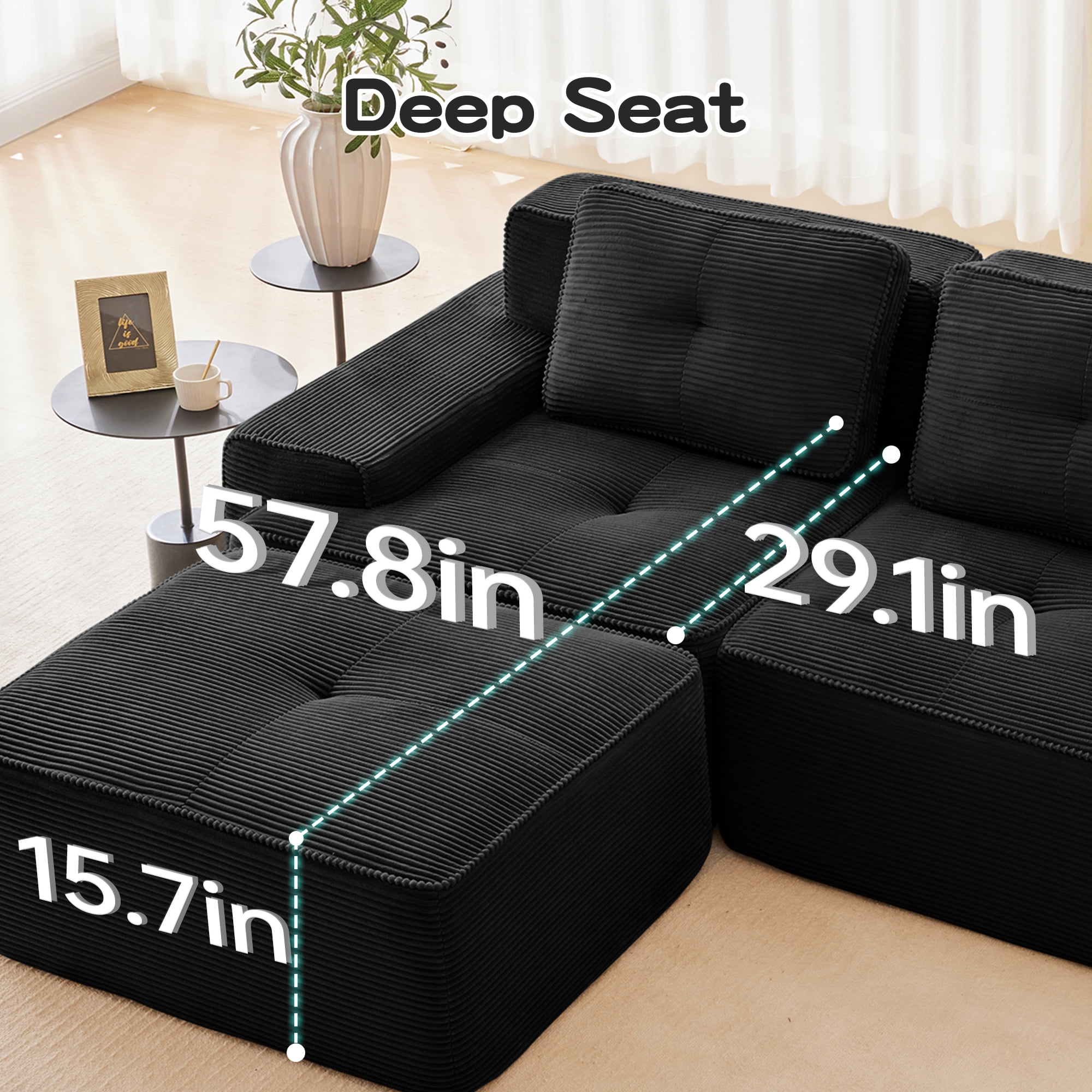 82 Inch Black Corduroy L-Shaped Sectional, Modular 2-Seater with Deep Seat, Pearl Piping and Buckle Connection, No Assembly Required