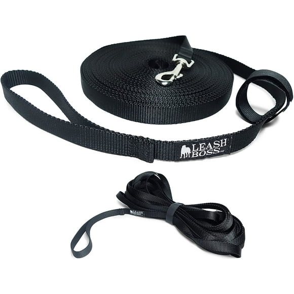 Leashboss Long Trainer - 20 Foot 3/4 Inch Lead - FYBTO Dog Training Leash with Storage Strap - K9 Recall (20 Ft, 3/4 in, Black)