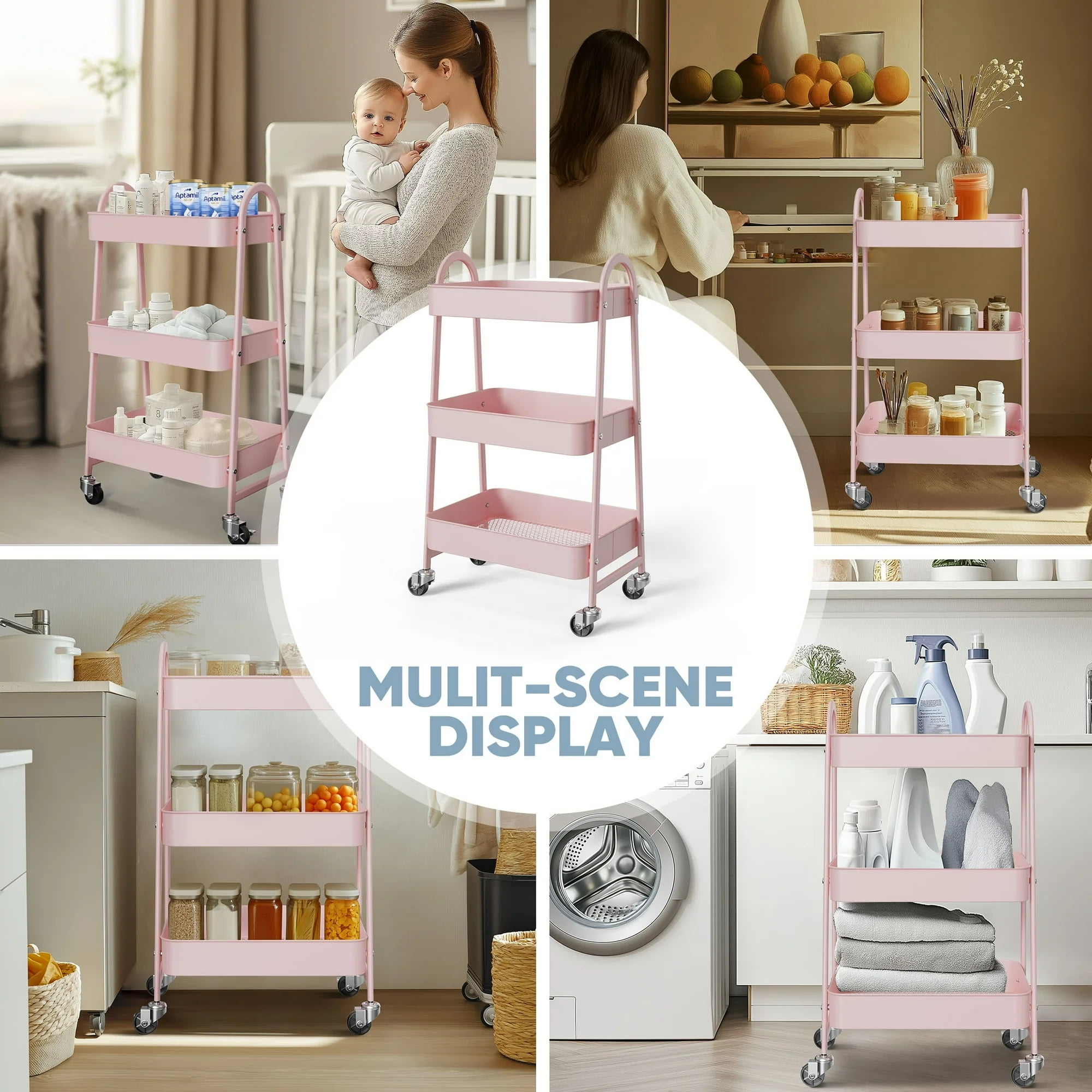 GIANNA 3 Tier Rolling Cart Organizer, Plastic Rolling Cart with Lockable Wheels & Reinforced Handle, Lightweight Utility Cart Storage Cart for Nursery, Kitchen, Bathroom, Craft Room