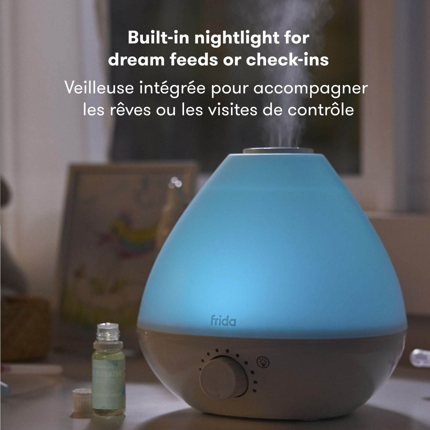 Frida Baby - BreatheFrida Diffuseur humidificateur 3 en 1 Diffuseur de veilleuse et veilleuse, Vaporisateur à brume fraîche apaisante pour bébé