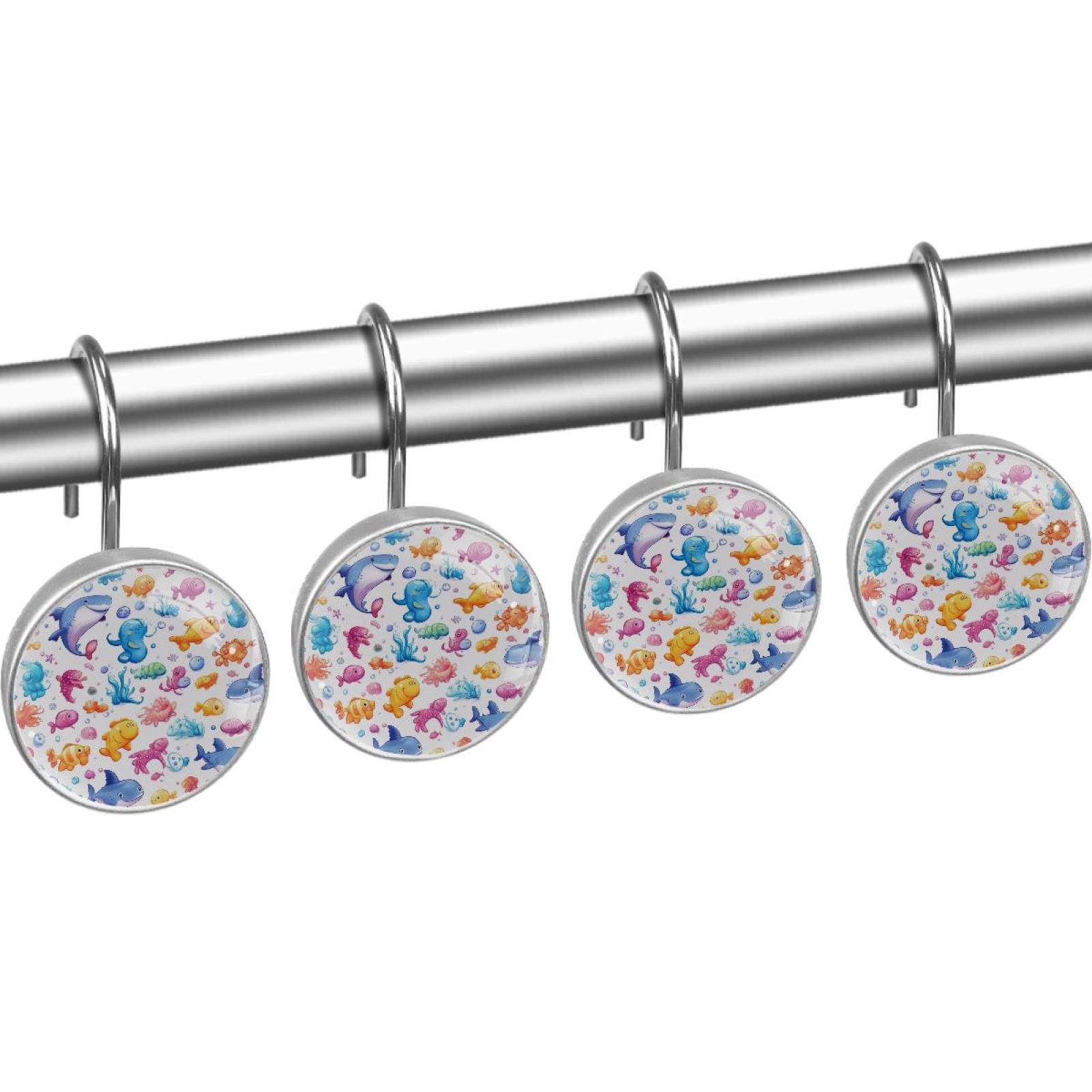 Cartoon Sharks Fishes Shower Curtain Hooks Round Crystal Glass, Set of 12 Shower Curtain Rings - Shower Hooks for Curtain Shower Rings