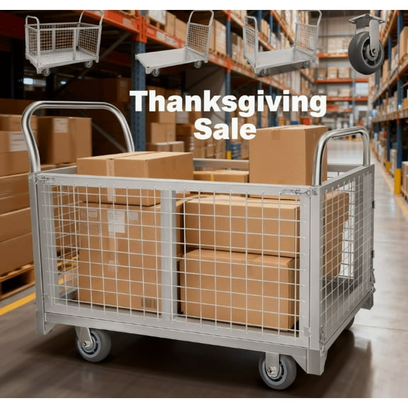 4-in-1 Platform Truck Cart with Cage, Multi-Purpose Heavy Duty Steel Flatbed Cart with 2200lbs Capacity Platform Hand Truck 6" Wheels Push Cart Dolly for Groceries, Garage, Warehouse (41“L x 24" W)