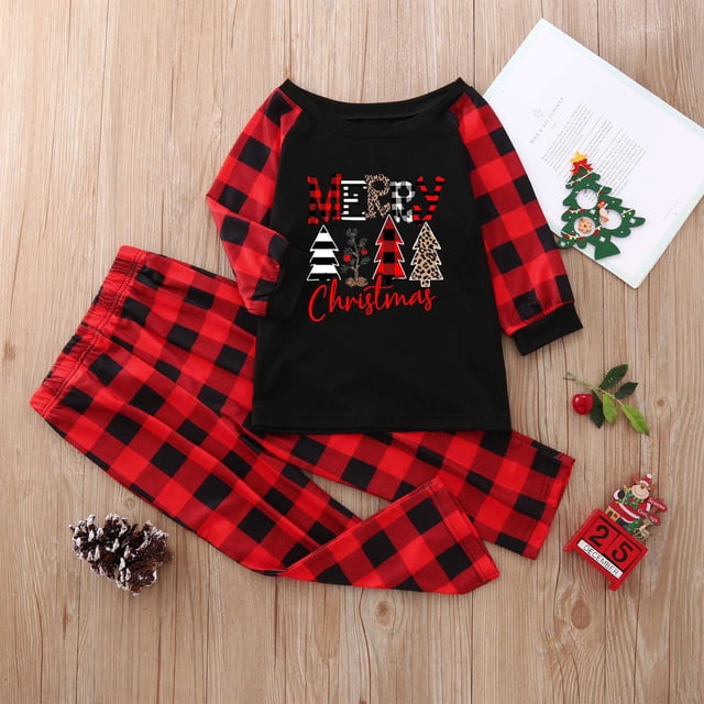 LSLJS Family Pajamas Matching Pajamas for Family Noël Ensembles, Noël Enfant Ensemble Manches Noël Imprimé Combinaisons de Sommeil Haut à Carreaux Rouges et Pantalons Vêtements de Nuit Ensembles for Vacances Noël Vêtements de Nuit Ensemble