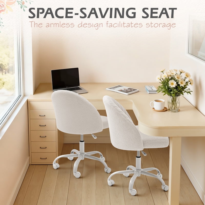 Lacoo Modern Vanity Chair with Back, Teddy Velvet Desk Chair for Bedroom, Living Room or Study,Small Office Chair,White