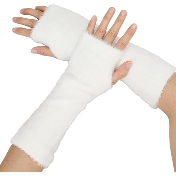 1 Pair White Furry Fingerless Gloves Fluffy Winter Long Soft Half Finger Warm Hand Wrist Mittens Fur Arm Warmers Sleeve