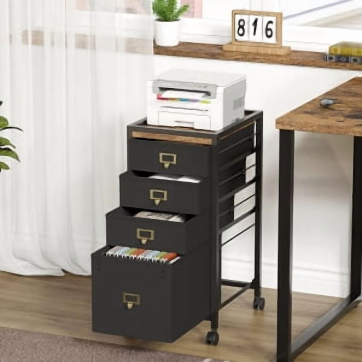 TEQIN 2-4 Drawer File Cabinet with Wheels,Metal Mobile Filing Cabinets with Fabric Drawers,Vertical Filing Cabinet With Lock for Home Office,Heavy Duty Storage Cabinet for A4/Letter/Legal Size File