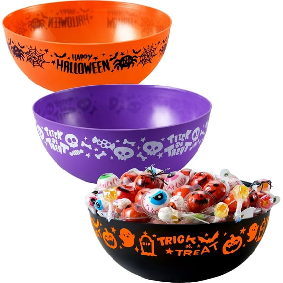 3 PCS Halloween Candy Bowls, 9.6" * 4.4" Trick or Treat Bowls, Plastic Orange Halloween Serving Dish, Purple Witch Cup, Black Pumpkin Candy Holder for Kids Party Favor Supplies, Table Decor