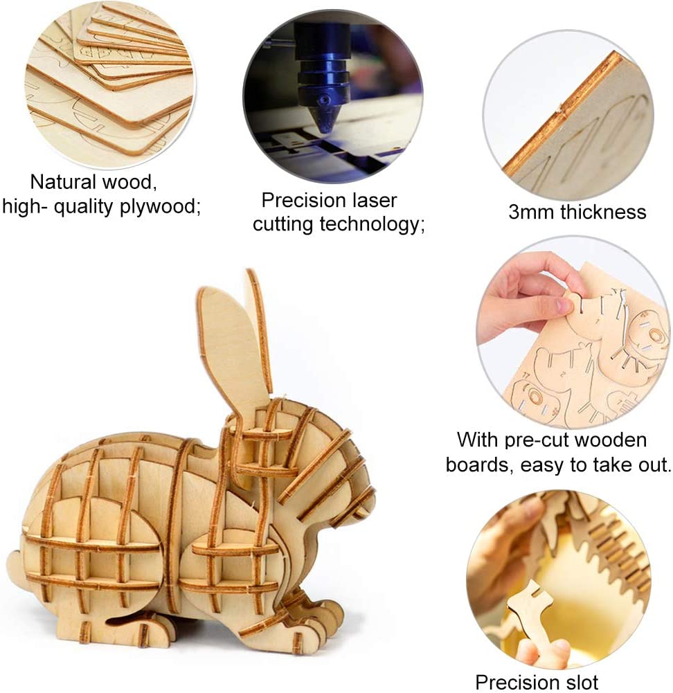 3D Wooden Puzzle Toys for Kids Adults Wooden Animal Rabbit Model Puzzle, Mechanical Puzzles Jigsaw Puzzle Toys Model Kits Assemble Puzzle Educational Toys Gifts for Kids Adults Boys Girls - image 4 of 9