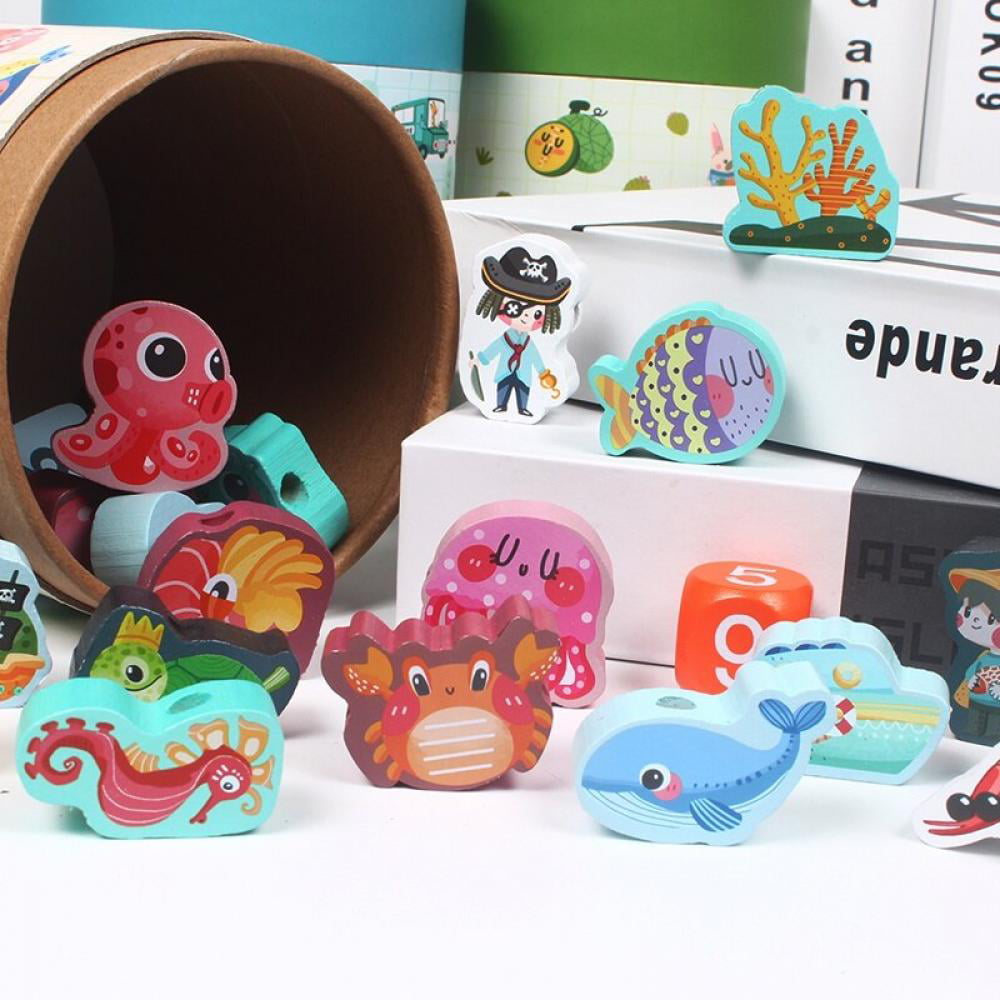 26Pcs Wooden Cartoon Animals Blocks Beads Threading Lacing Kids Development Toys 