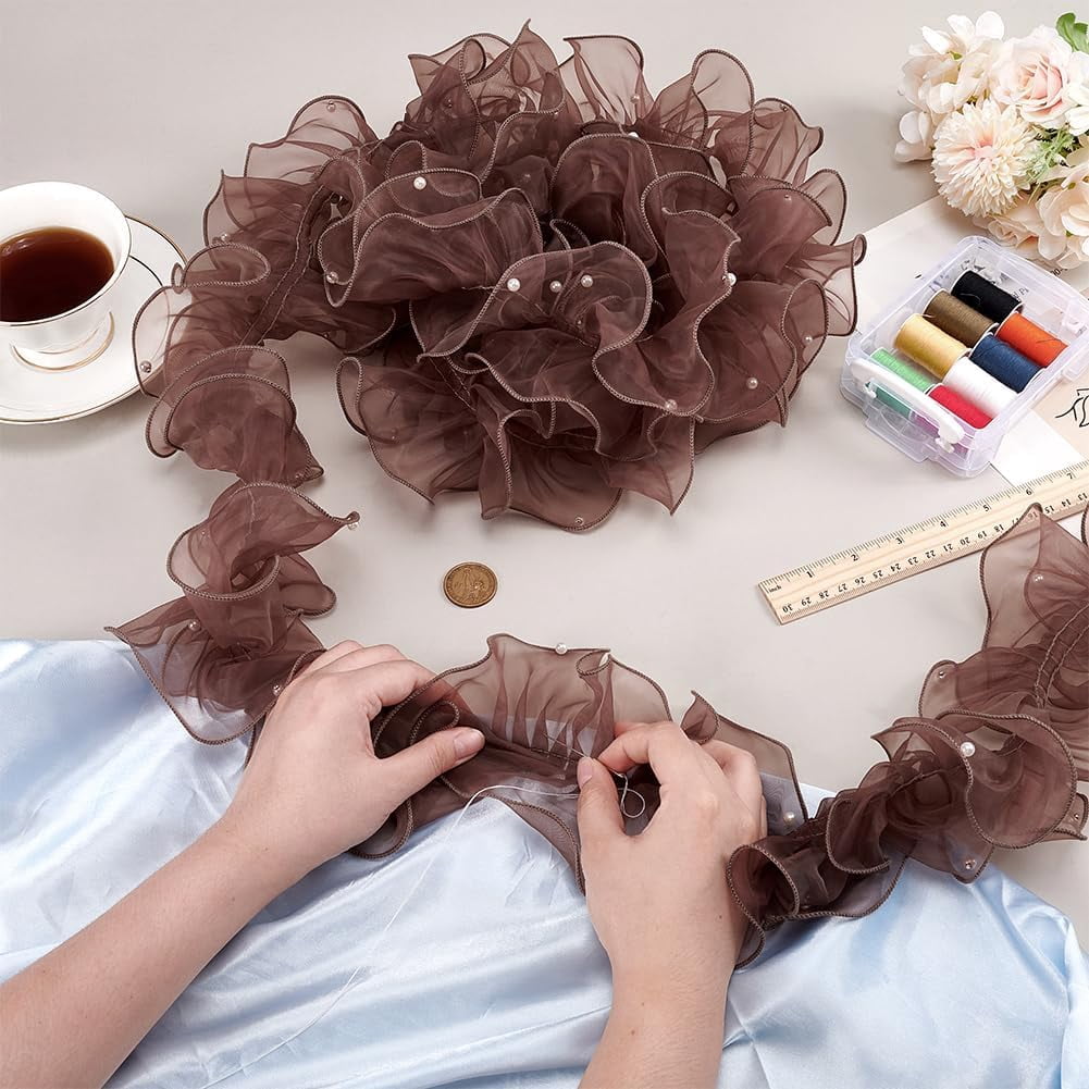 1set 5 Yards Pleated Organza Pleated Lace Ribbon Ruffled Ribbon with Plastic Beads Garment Accessories Coffee 4-7/8 inch(125mm)