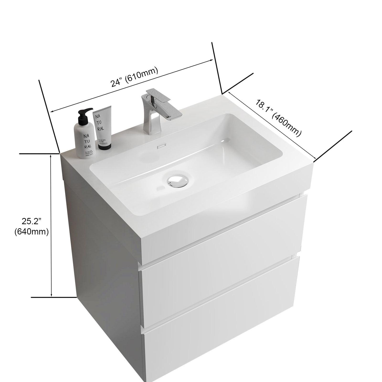 CITTANEO 24 Inch Floating Bathroom Vanity with Sink, Modern Bathroom Cabinet with 2 Drawers, White