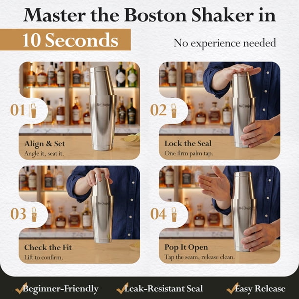 Boston Shaker Set, Professional Cocktail Shaker Set with 18oz & 28oz Weighted Stainless Steel Bar Shakers, Secure Fit and Dishwasher Safe Bartending Tools for Home Bar and Professional Use