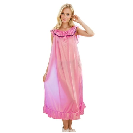 DxhmoneyHX Silky Nightgowns for Women Summer Ruffle Neckline Loose Short Sleeve Chemise Sleepwear Long Lingerie Dress