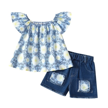 

GWAABD Summer Outfits for Toddlers Sky Blue Cotton Blend Toddler Girls Fly Sleeve Floral Prints Tops and Jeans Shorts Two Piece Casual Suit Set&outfits 100