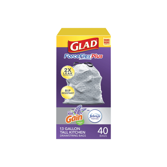 1 Pack Glad ForceFlexPlus Tall Kitchen Trash Bags, Lavender Scent, 13 Gallon, 40ct