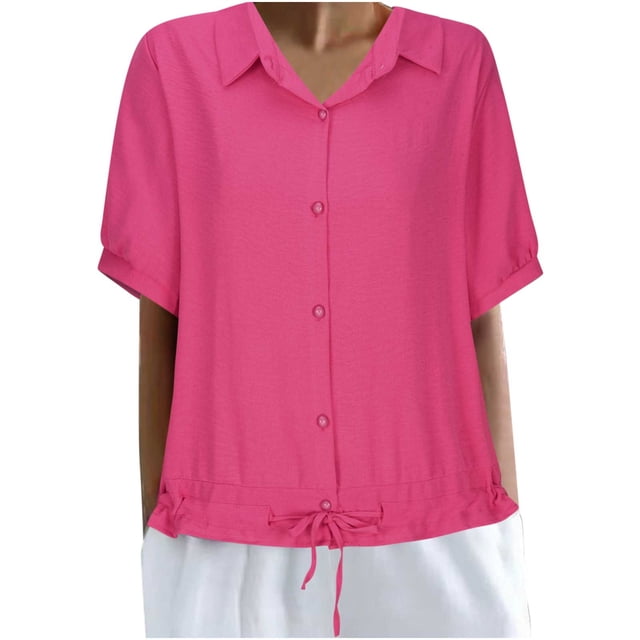 GigrtiJin Womens Button down Lapel Shirt Summer Short Sleeve Loose Casual Work Blouse Lightweight Drawstring Hem Tops