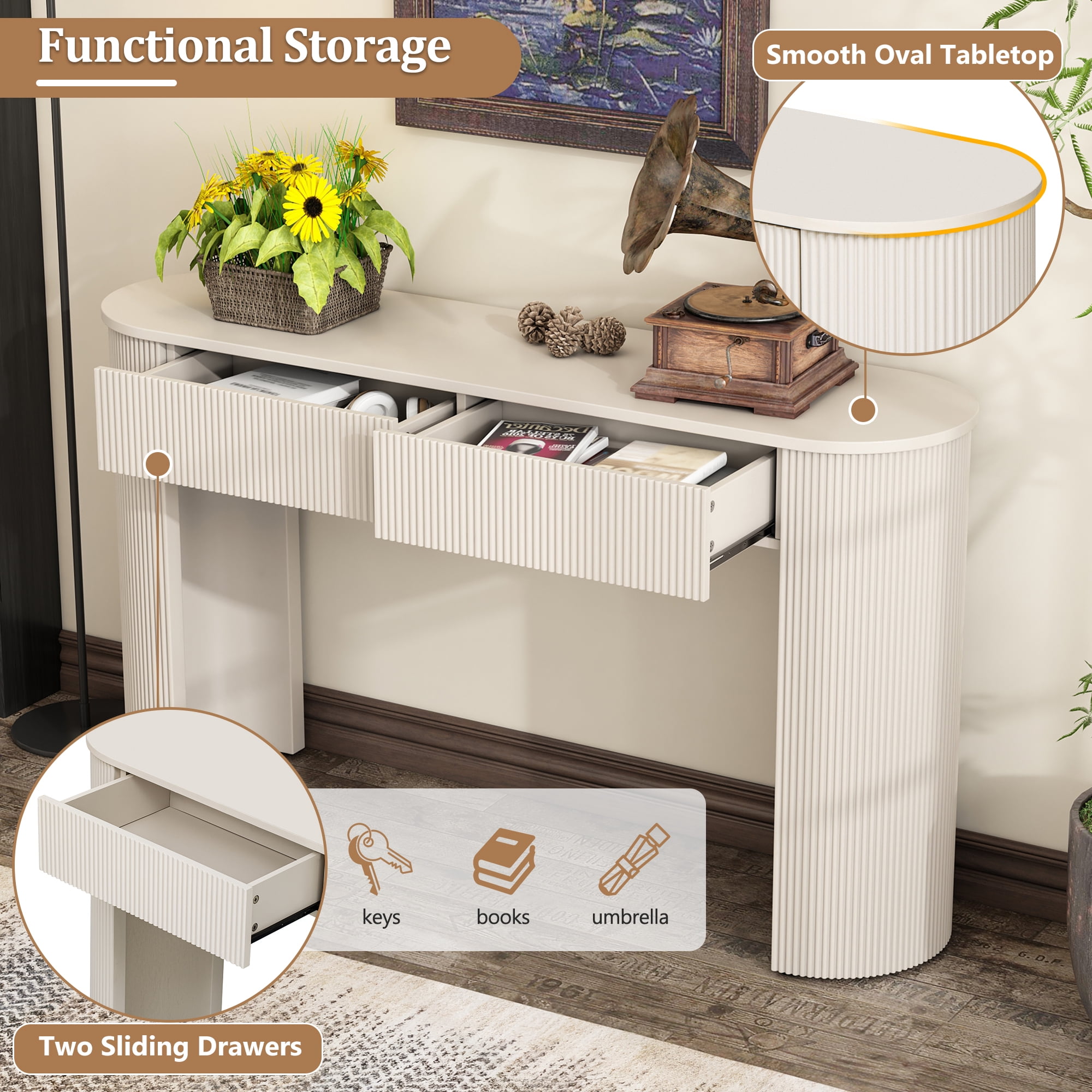 EUROCO 54" Narrow Entryway Table with Fluted Design, Wood Console Table with Oval Top and 2 Drawers,Long Sofa Table Behind Couch for Living Room Hallway Foyer,White