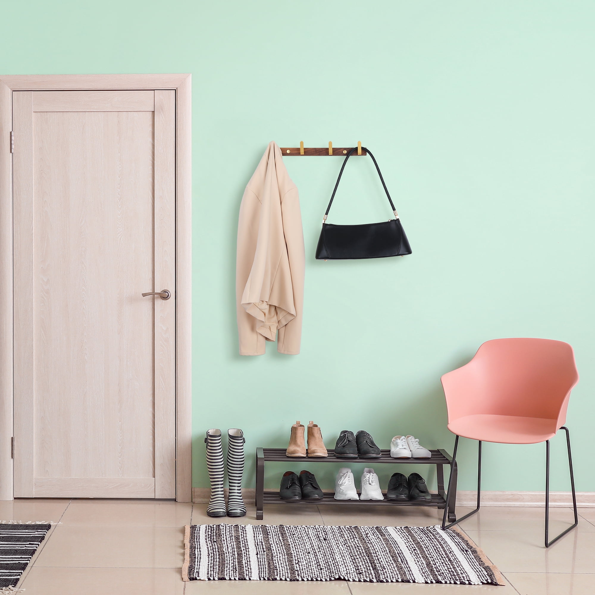 Unique Bargains 1 Pcs Coat Rack Wall Mount Coat Hook for Hanging with 4 Hooks Light Brown