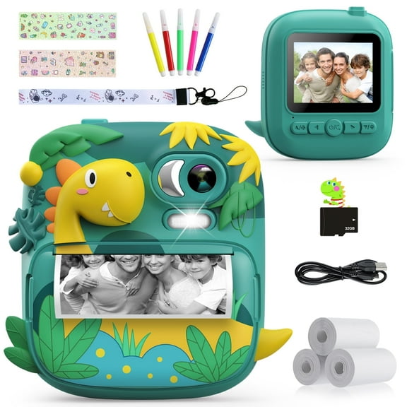 CAMCLID Kids Camera Instant Print 16X Digital Zoom 1080P HD Video Recording And 12MP Lens With 3 Rolls Printing Paper,32GB Cards,Gift For Kids Aged 3-12(Green)