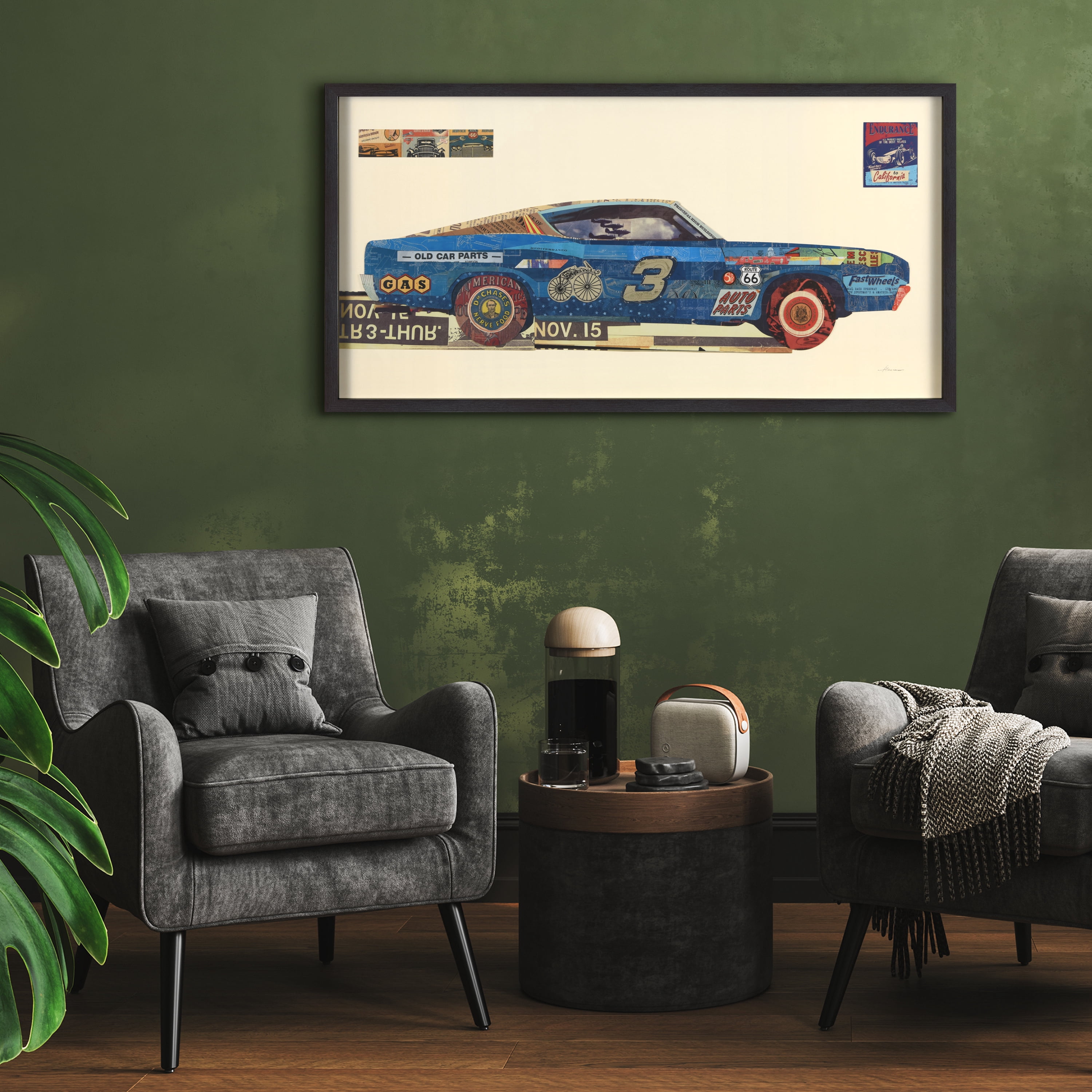 "Muscle Blue Car" Dimensional Collage Framed Graphic Art Under Glass Wall Art