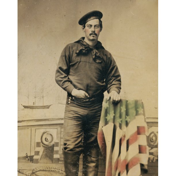 Print Civil War Sailor In Union Uniform, American Flag, Naval Scene