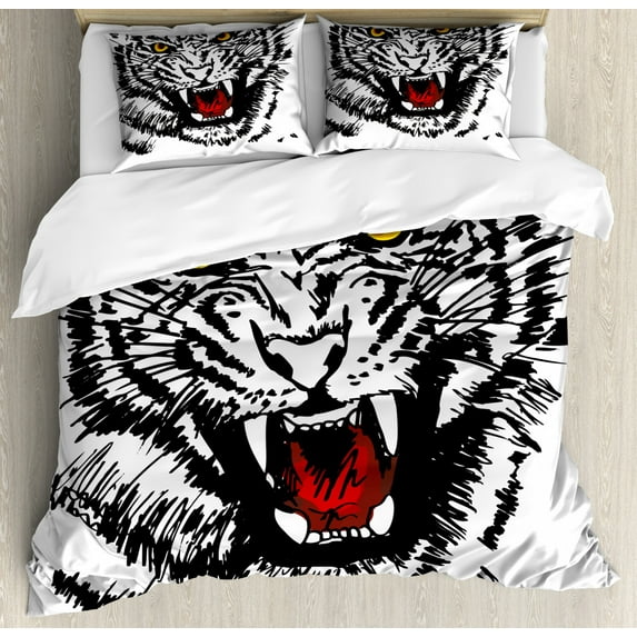 Tiger Duvet Cover Set, Angry Feline with Black and White Pattern Realistic Eyes Hunting Surviving, Decorative 3 Piece Bedding Set with 2 Pillow Shams, Queen Size, Black Red Yellow, by Ambesonne