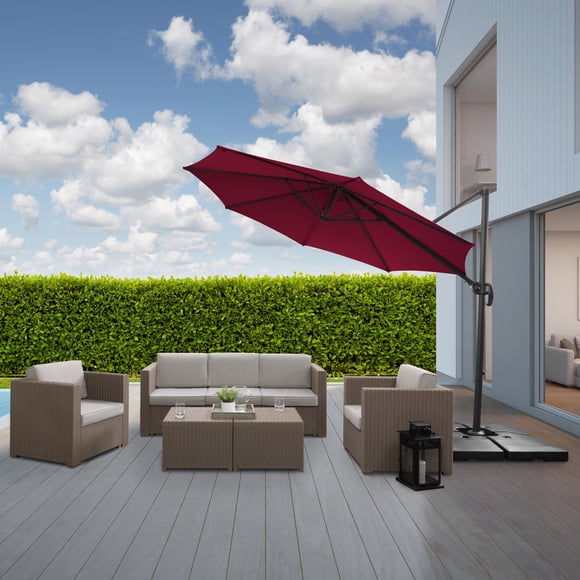 CorLiving 9.5ft Offset Tilting and Rotating Outdoor Umbrella with Aluminum and Steel Frame and Durable Canopy, Wine Red