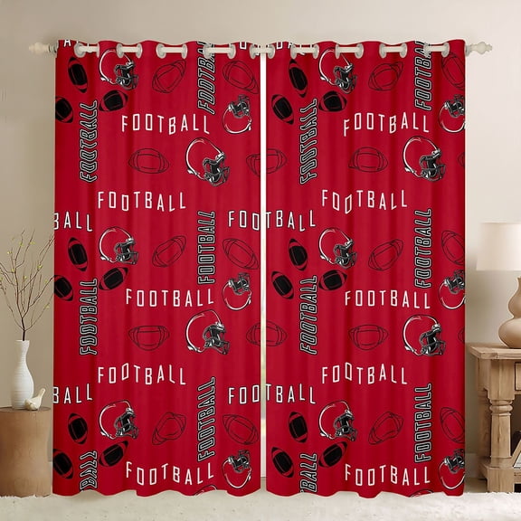 Homewish Football Sport Black Out Curtains,Rugby Helmet Curtains Pack of 2 (42x63 Each),Red Black Bedroom Curtains For Boys Teens,Breathable Home Decor