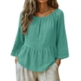 thumbnail image 2 of LYEAA 3/4 Length Sleeve T Shirt for Women Linen 3/4 Sleeve Crewneck Tees Solid Tunic Tops Holiday Clothes, 2 of 8