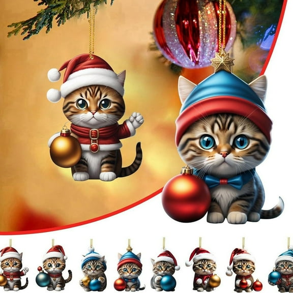 8 Pack Cat Christmas Tree Ornaments, Santa Hat Cat with Ball Decorations, 2D Animal Car Ornament, Christmas Pendant, Hanging Ornaments, Rearview Mirror Hanging Ornament