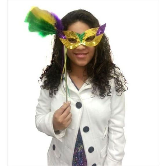 CoverYourHair mk131 Mardi Gras Sequin Mask with Feathers and Stick
