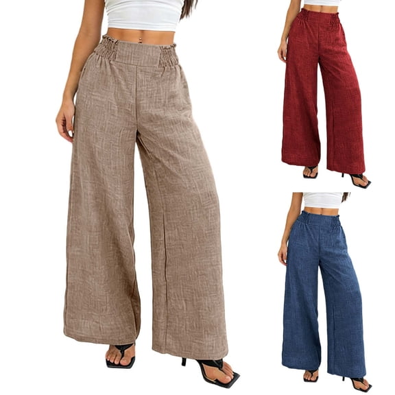 Women's Soft Cotton Wide Leg Pants, Elastic Waist with Drawstring, Casual Tapered Silhouette, Loose Fit Palazzo Style for Daily Wear, Comfortable Lounge Work Travel | TruBelle,Khaki L