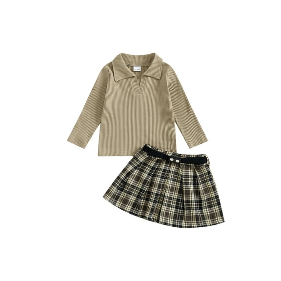 Suealasg 2Pcs Little Girls Skirt Outfits Toddler Kids Girls Fall Winter Clothes 1T 2T 3T 4T 5T Long Sleeve Ribbed Shirt Tops Plaid A-line Pleated Skirt Sets