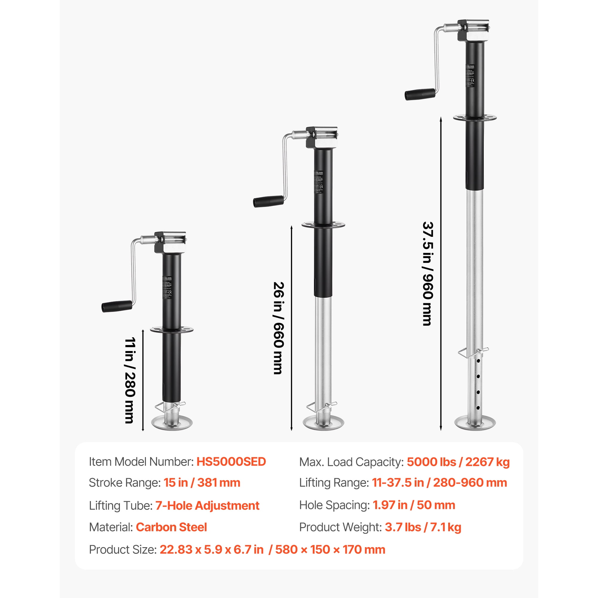 KFFKFF 5000 lbs A-Frame Trailer Jack, 15-Inch Vertical Travel, Adjustable 7-Level Drop Leg, Drill Socket Included, Compatible with Cordless Drills, Ideal for RVs, Utility, and Boat Trailers