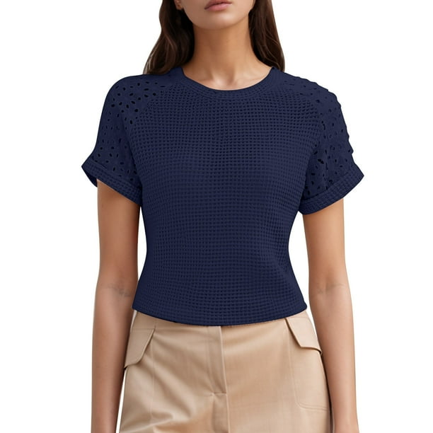 Camiseta informal y elegante de manga corta con cuello redondo y ribete de encaje para mujer, ideal para primavera-verano.