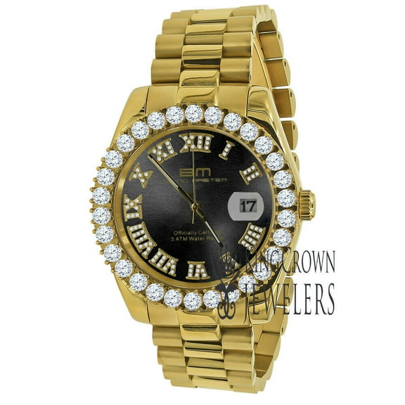 Mens Full Stainless Steel Black Onyx Roman Dial 18k Gold Tone Simulated Diamond President Watch 42mm