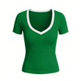 thumbnail image 5 of idosla Women's Ribbed V Neck Short Sleeve T-Shirts Slim Fit Stretchy Basic Tee Tops Summer Casual Soft Tops for Daily Wear (Green, L), 5 of 7