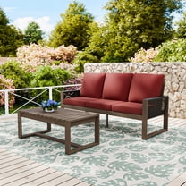 COOS BAY 2PCS Patio Conversation Sets, Natural Real Wood 3 Seater Sofa, Outdoor Solid Wood Chair with Cushion and Coffee Table, for Garden, Backyard, Red