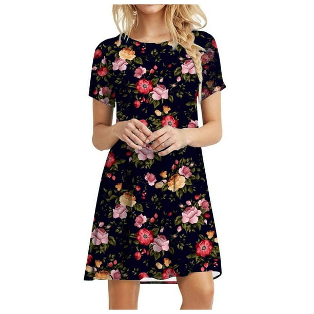 Vestido suelto casual de manga corta con estampado floral y estampado de girasol para mujer Pompotops ghjkhdj10479