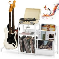Record Player Stand Guitar Stand & Record Player Table - 3-Tier Vinyl Record Storage for Acoustic, Electric Guitar, Violin, Bass, Speaker, Amp