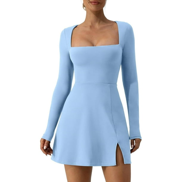 Sexy Dance Women Short Dress Square Neck Mini Dresses Long Sleeve Casual Solid Color Blue S